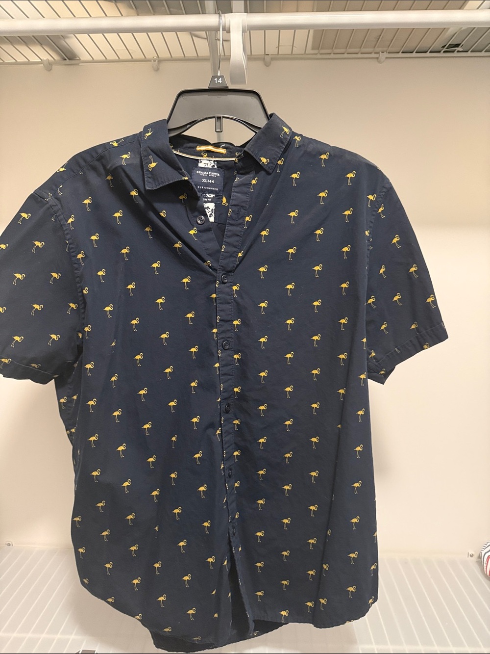 Denim & Flower Navy Short-Sleeve Button-Down with Yellow Flamingo Print